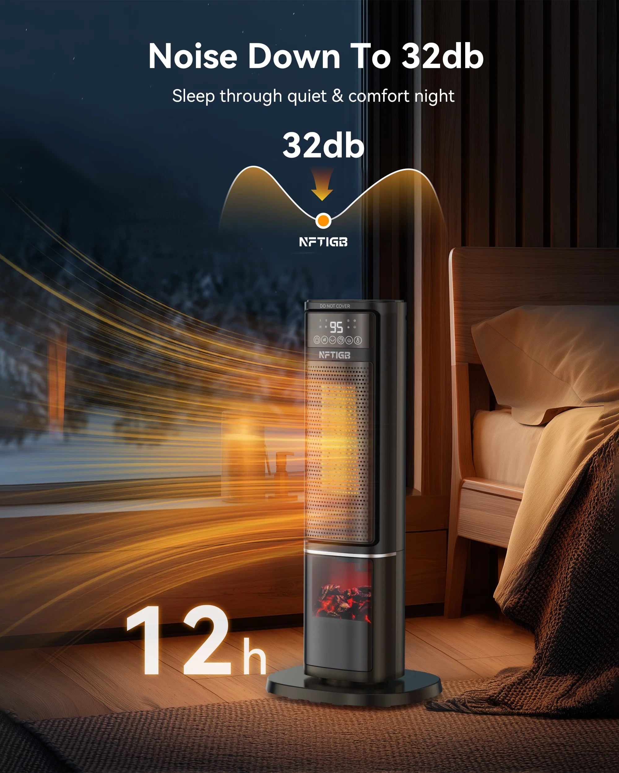 24 Inch Space Heater with Flame Effect, 1500W Ceramic Heater with Thermostat, PTC Heater for Indoor, 12H Timer & Remote, for Office, Bedroom, Living Room, New