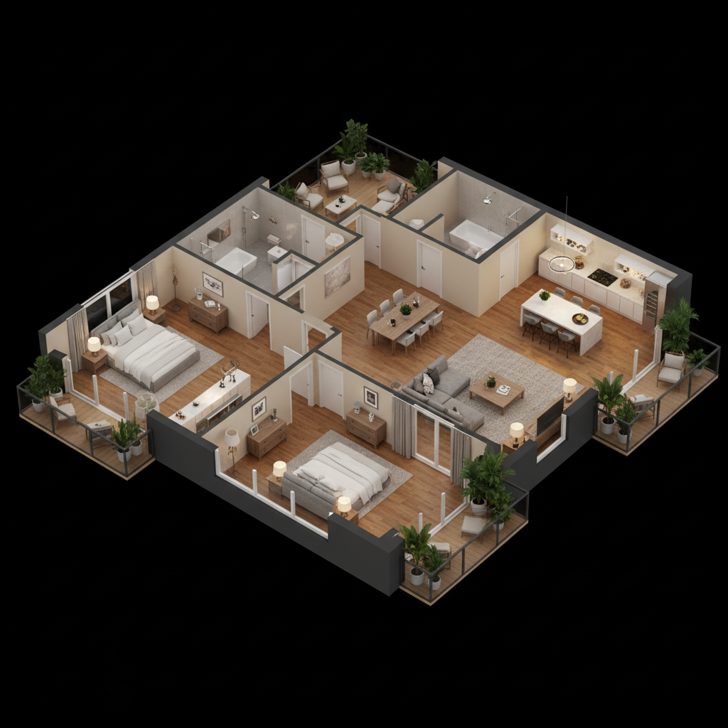 3D Floor Plan - Black Background