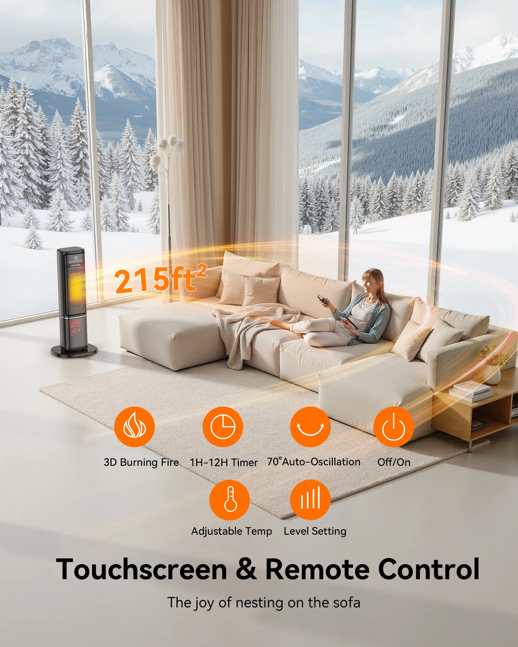 24 Inch Space Heater with Flame Effect, 1500W Ceramic Heater with Thermostat, PTC Heater for Indoor, 12H Timer & Remote, for Office, Bedroom, Living Room, New