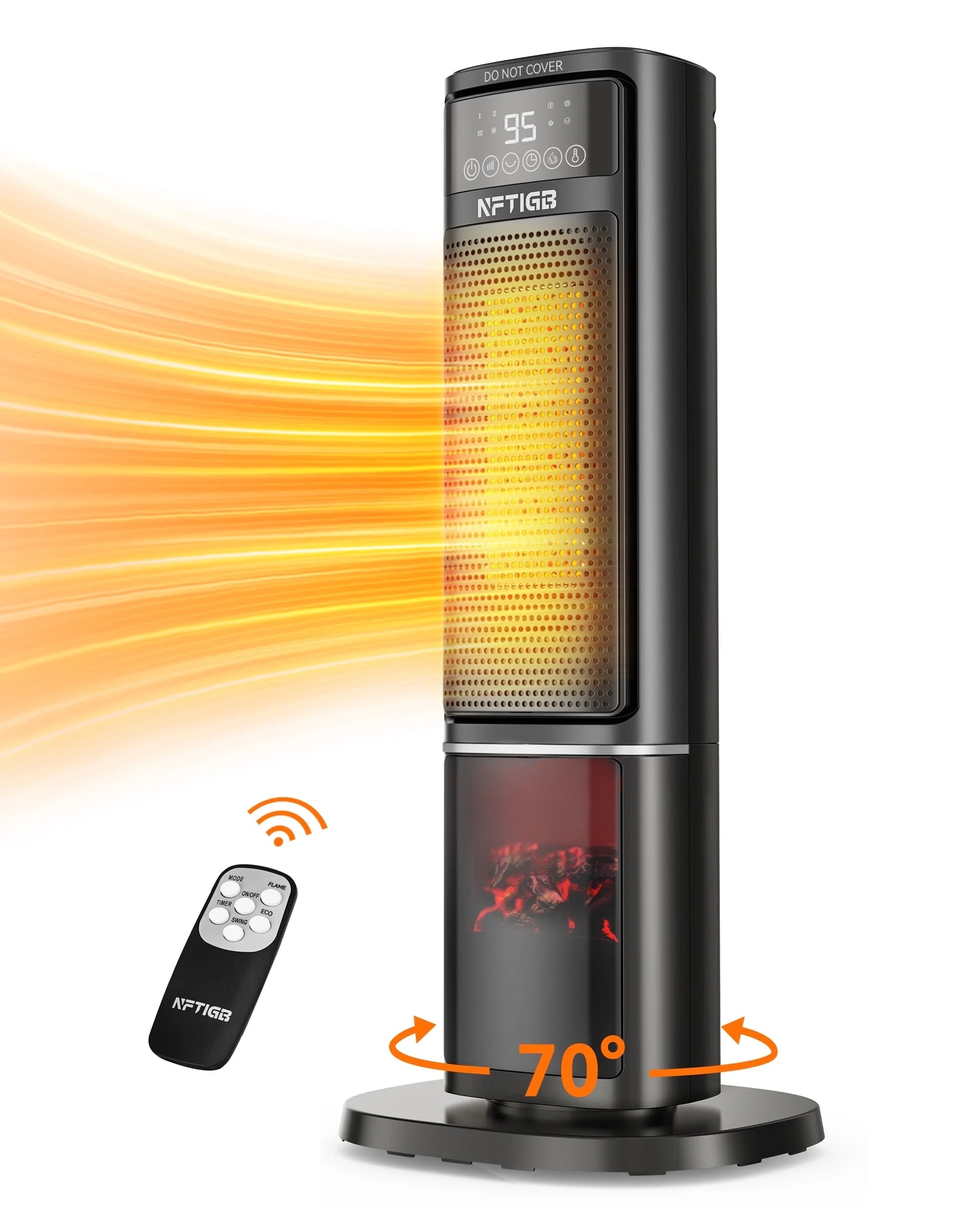 24 Inch Space Heater with Flame Effect, 1500W Ceramic Heater with Thermostat, PTC Heater for Indoor, 12H Timer & Remote, for Office, Bedroom, Living Room, New