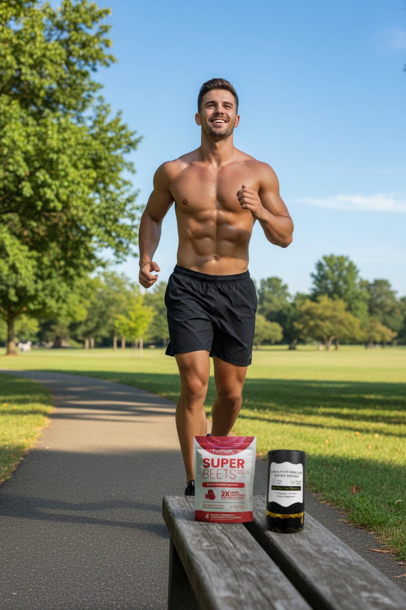Fit man jogging with supplement products